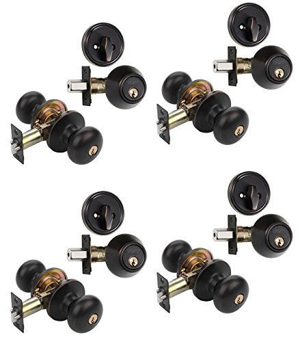 Dynasty Hardware CP-TAH-12P, Tahoe Entry Door Knob Lockset and Single Cylinder Deadbolt Combination Set, Aged Oil Rubbed Bronze (4 Pack) Keyed Alike