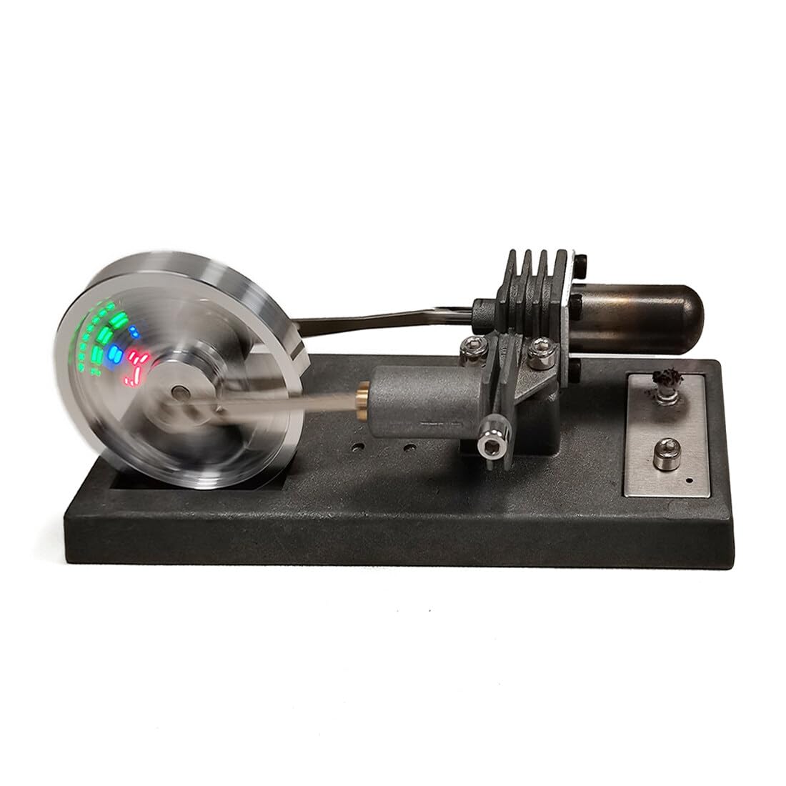Kit motore Stirling con volano luminoso, 12 × 6 × 6 cm | Il volano luminoso completa il meccanismo autoassemblato con un effetto luminoso visibile.