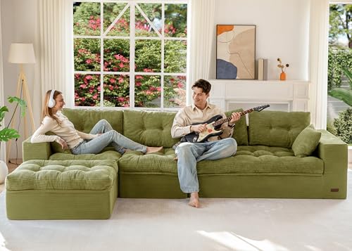 Image of MAXYOYO 132 inch L Shaped Modular Sectional Sofa with Ottoman, Cloud Boneless Couch with Layered Cushion, Upholstered Sofa in a Box, Flexible Module Combination for Living Room, No Assembly, Green