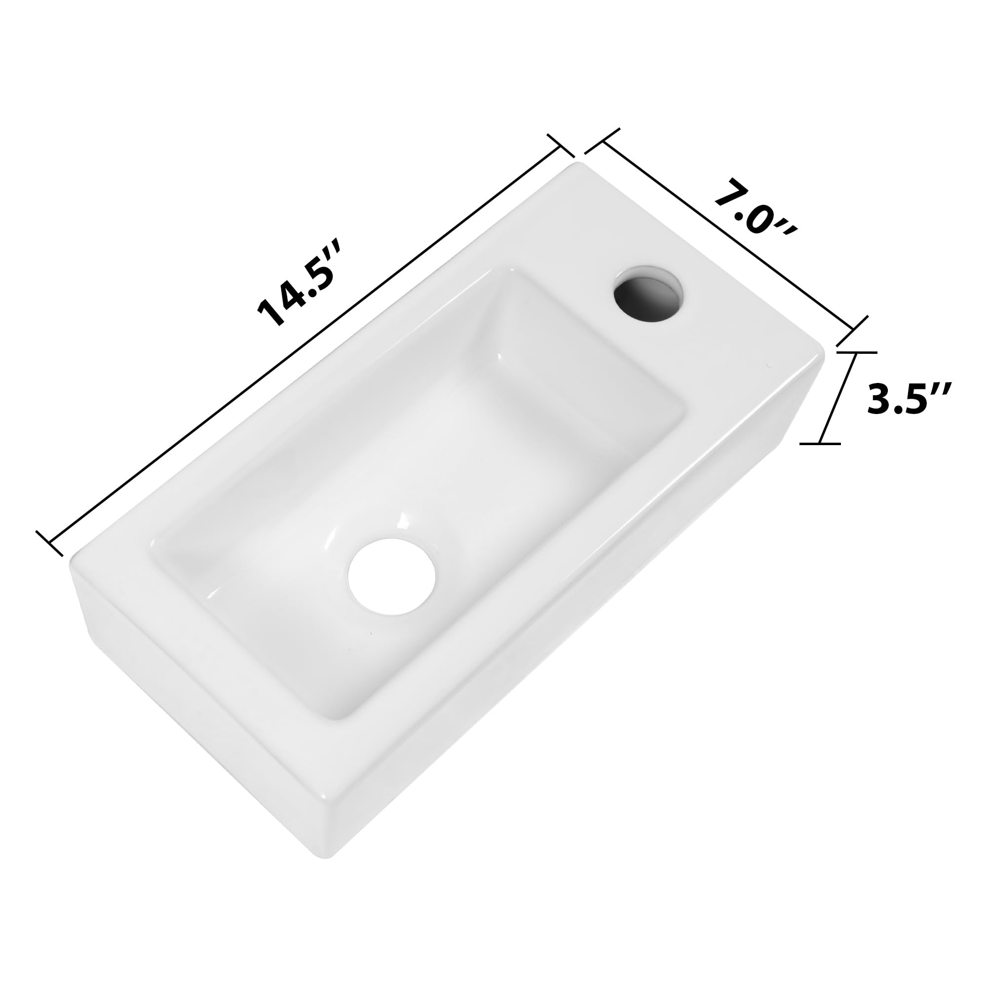 Floating Vessel Sink, Dcolora 14.5"x7" Small Wall Mounted Bathroom Sink Floating Rectangle White Ceramic Porcelain Bathroom Sink, Right Hand