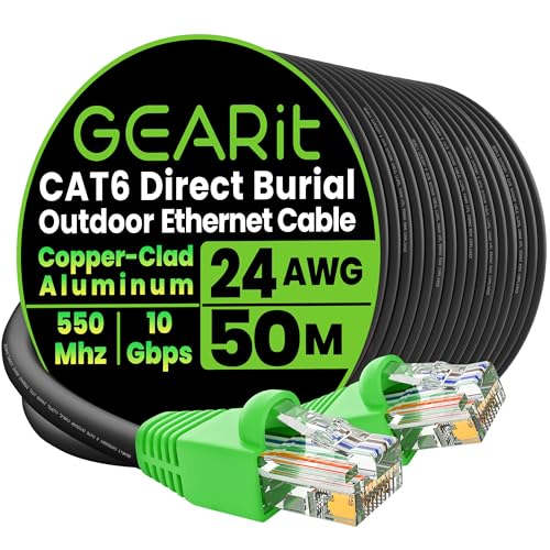 GEARit Outdoor Cat 6 Lan Kabel 50 Meter Netzwerkkabel 24AWG 10Gbps CCA Ethernet Kabel Wasserdicht UV-beständig für Erdverlegung rj45 Patchkabel