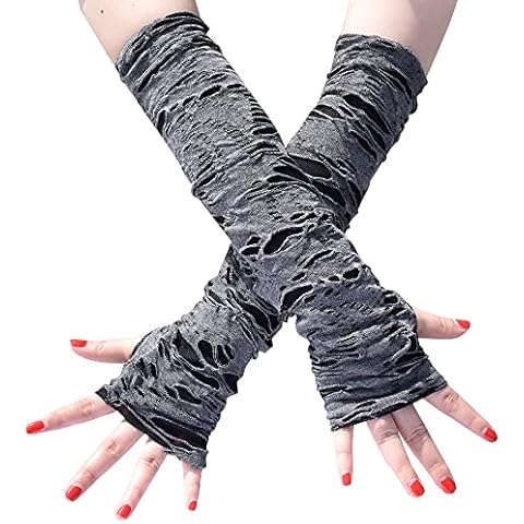 Skeleteen Punk Ripped Arm Warmers - Fingerless Long Sleeve Knitted Warmer Gloves Goth Accessories for Men and Women, Ripped, Medium Cover