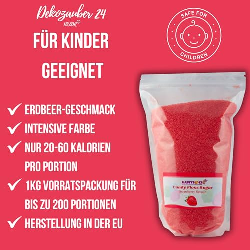 Dekozauber24 Premium Zuckerwatte Zucker mit Geschmack, 1000g, 8 Sorten, essbarer Farbzucker, farbig, Zuckerwattezucker 1kg (Erdbeere) – Bild 4