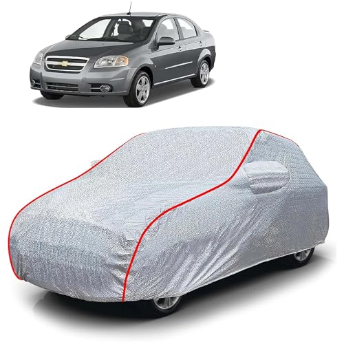Image of Sulfar 100% Waterproof Car Body Cover Compatible with Mirror for Chevrolet Aveo (Triple Stitched, Full Bottom Elastic, Magic Silver with Red Piping)