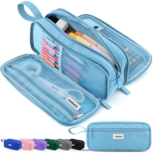 Image of TOPBIDAI Large Pencil Case Pouch for Girls Boy Women Men Adults | Big Capacity Canvas Pencil Bag, Office School Supplies, Multi Compartment Zipper Stationery Pen Box (Sky Blue)