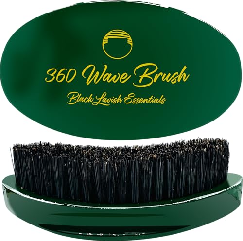 360 Wave Brush, Build Deeper Waves, Soft & Hard Boar Bristle Curved Brush, Black Lavish Essentials Signature (Medium-Hard, Emerald Green)
