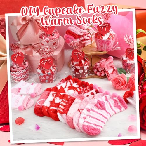 Image of 6 Pairs Valentine's Day Cupcake Socks Fuzzy Sock with Cupcake Card DIY Gift Slipper Stockings for Winter Women Men