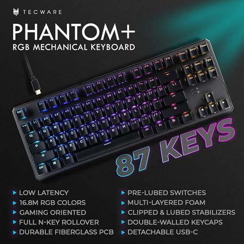 Image of TECWARE Phantom+ 87 Mechanical Gaming Keyboard | RGB LED Backlit | Hot Swappable Wraith Red Switches | 87 Key TKL Layout | Thocky Sound Profile | Detachable USB-C Wired | Black