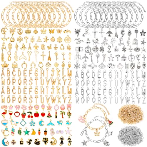 Mckanti 674 Pieces Charm Bracelet Making Kit Including Paperclip Chain Bracelets Charms Jump Rings for DIY Bracelet Making(Gold & Silver)