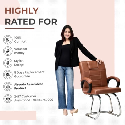 Image of Goyal steel & furniture Executive Office Chair Home Study Reception Library Chair with arm Rest and Cushioned seat Back Chair (1, Brown, Double Pipe Frame)