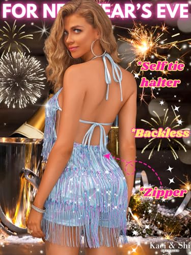 Image of Kaei&Shi Sequin Fringe Romper,Sparkly Glitter Metallic Jumpsuits For Women,Backless Shorts Dress Disco Birthday Dance Outfit