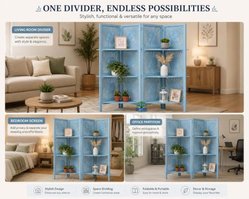 Image of Wooden Room Divider Partition with Display Shelves for Living Room | Foldable 4 Panel Decorative Privacy Screen Separator for Home, Office & Bedroom | (Sky Blue)