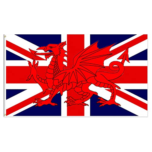 FLAGBURG Bandiera del Galles con drago rosso 120 x 180 cm, grande bandiera del Galles con 2 occhielli in ottone stampa impermeabile per esterni e interni