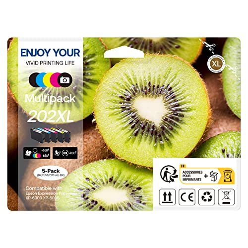 OKBILI 202XL Cartuchos de Tinta 5-Pack,Reemplazo para Epson 202 XL Multipack Compatible con Expression Premium XP-6000, XP-6005 (1 Negro,1 Foto Negro,1 Cian,1 Amarillo,1 Magenta) Cover