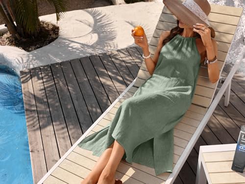 Image of Women's 100% Linen Midi Dress Halter Neck 2026 Dress Sleeveless Flowy Beach Sun Dresses with Pockets