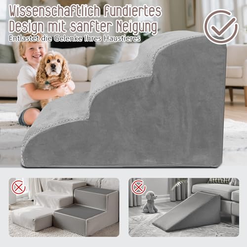 Thihome Hundetreppe für Kleine Hunde, 3 Stufen Haustiertreppe wasserdichte Katzentreppe, Abnehmbarer Schwamm Hunderampe mit Waschbar Bezug für Bett, 60x40x40cm