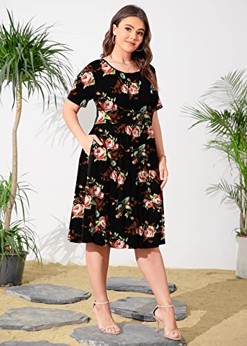 Image of POSESHE Womens Plus Size Summer Dress 2026 Casual Short Sleeve Empire Waist Loose Fit Swing T-Shirt Dress with Pockets