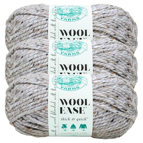 Image of Lion Brand Yarn Wool-Ease Thick & Quick Yarn, Soft and Bulky Yarn for Knitting, Crocheting, and Crafting, 3 Pack, Grey Marble | Super Bulky Wool Acrylic Blend Fiber for Soft Hats, Sweaters, Chunky Blankets, Yarn for Crochet, Knitting, Crafts, Weaving