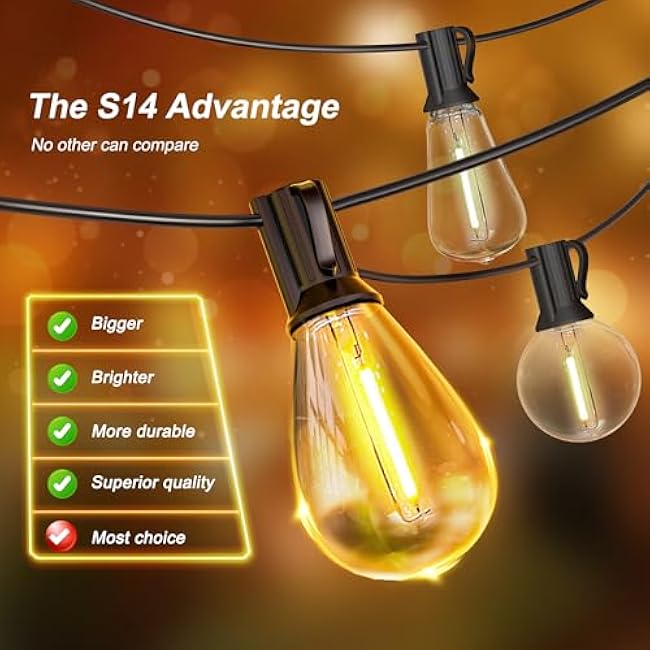 Outdoor String Lights 100FT for Outside Patio Lights with 50+2 Shatterproof S14 LED Dimmable Bulb, Outside Hanging Light Waterproof for Porch Garden Fences Backyard Balcony Pathways 2700K