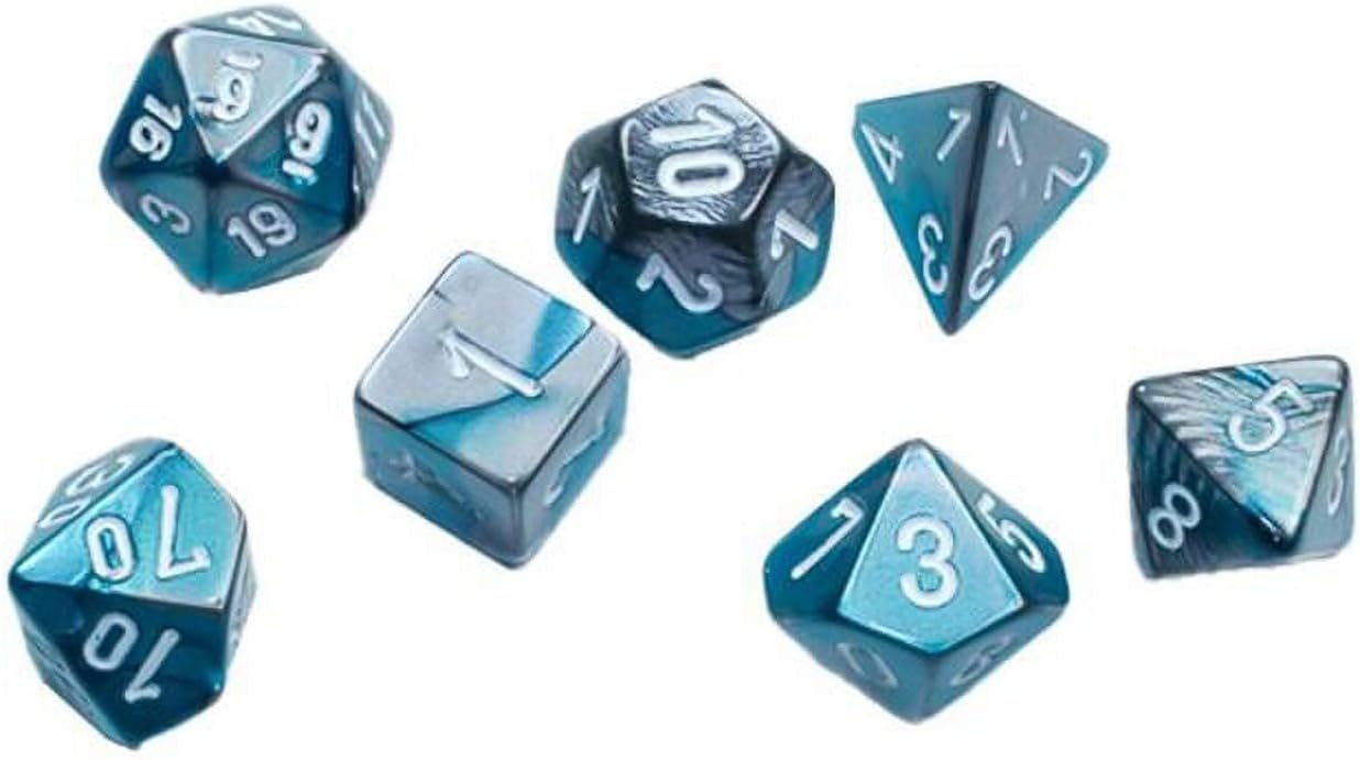 Steel and Teal Gemini Mini Dice with White Colored Numbers 10mm (3/8in) Set of 7 Chessex