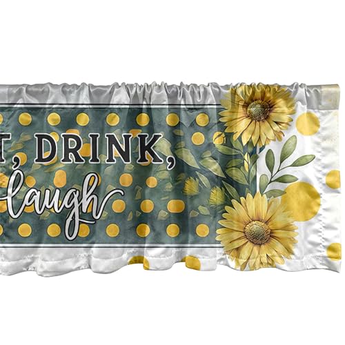 Ambesonne Eat Drink Laugh Window Valance Pack of 2, Farmhouse Art Sunflower with Orangish Dots and Leaves Greenery, Rod Pocket Curtain Valances Kitchen Bedroom, 54" X 18",Mustard and Hunter Green
