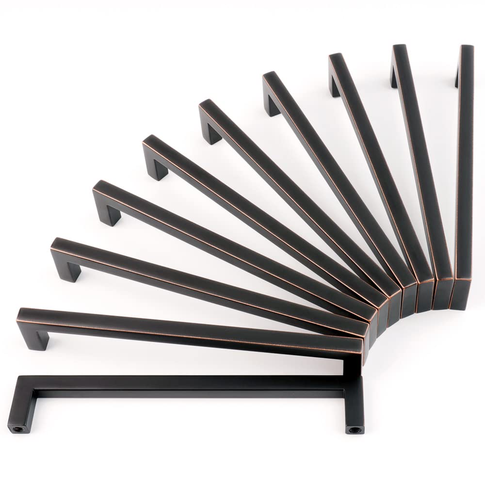 KOOFIZO Solid Square Bar Cabinet Handle - Oil Rubbed Bronze Furniture Pull, 6.3 Inch/160mm Screwhole Distance, 10-Pack for Kitchen Cupboard Door,