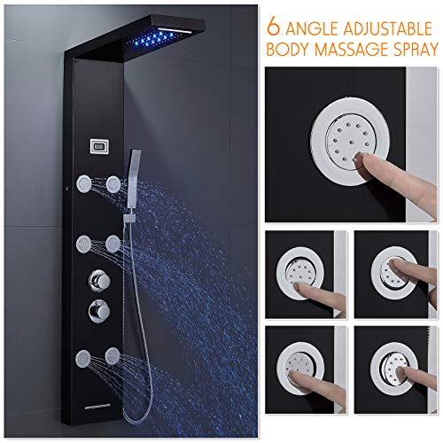 ROVATE Black Rainfall Waterfall Shower Panel Tower with LED Light, 5-in-1 Shower Column with 6 Mist Sprays + Brass Shower Wand + Waterfall Tub Spout + LCD Temperature Display, 304 Stainless Steel - Thumbnail 4