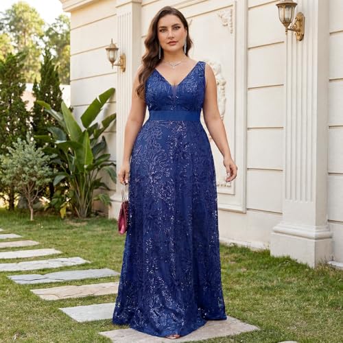 Image of Plus Size Formal Dresses for Women with Embroidery Sequin and V-Neck, A-Line Maxi Dress for Wedding and Cocktail