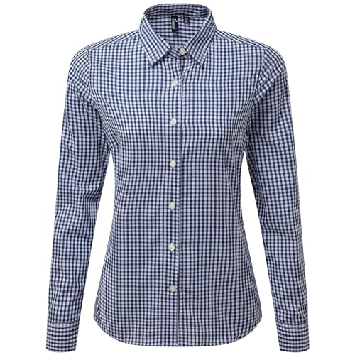 Premier Womens/Ladies Maxton Gingham Long-Sleeved Shirt (M) (Navy/White)