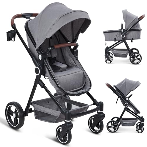 2 in 1 Baby Stroller for Toddler 0-3, Bassinet Stroller for Toddler with Large Storage Basket, Shock Absorbing，Stroller for Newborn with Removable Seat, Cup Holder，Stroller That Converts to Bassinet