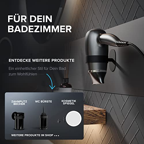 ovimar Haartrocknerhalter Kvitoya | Edelstahl | schwarz matt | mit Wandmontage ohne Bohren | mit Fönpolsterung | zum Kleben | Föhn Halterung im Badezimmer | perfektes Bad Zubehör
