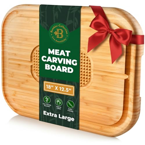 Turkey Carving Cutting Board - Bamboo Heavy Duty Chopping Block - Reversible Wood Serving Tray with Juice Groove and Spikes, Stabilizes Meat While Carving - Thanksgiving and Christmas Gift