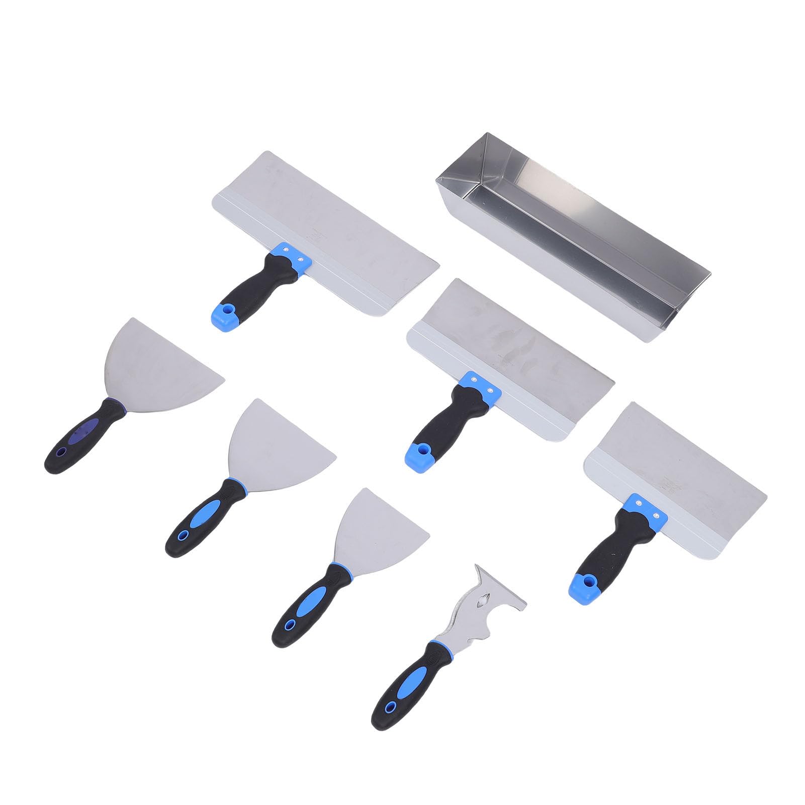 Walfront Set di 8 Raschietti per Cartongesso in Acciaio Inossidabile con Vaschetta per Stucco, Impugnatura in TPR Lavorata a CNC e Testa a Martello per Incollaggio di Giunti di