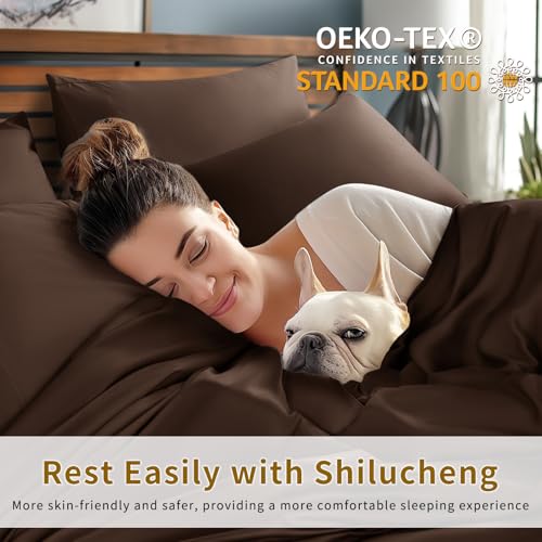Image of Shilucheng 6 Piece Queen Sheet Sets, Cooling Sheets, Blend Rayon Derived from Bamboo, Deep Pocket Up to 16 inch, Breathable & Soft Bed Sheets, Hotel Silky Bedding Set, Brown
