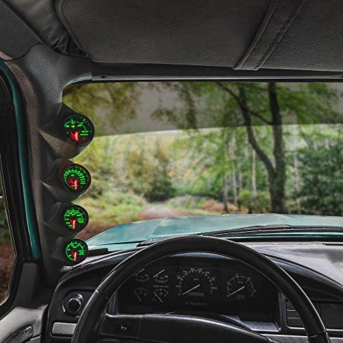 Glowshift Diesel Gauge Package Compatible With Ford F-Series F-250 F-350 1992-1997 - Black 7 Color 60 Psi Boost, 1500F Egt, Transmission Temp & 100 Psi Fuel Pressure Gauges - Gray Quad Pillar Pod #TOP1