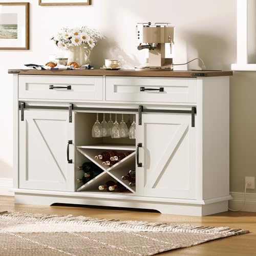 Coffee-Bar-Cabinet-with-Power-Outlet-54-Wine-Bar-Cabinet-with-Storage-Farmhouse-Buffet-Cabinet-Kitchen-Buffet-Cabinet-with-Drawers-Sliding-Barn-Doors-White-and-Walnut-WH72UJG01 Coffee Bar Cabinet with Power Outlet 54 Wine Bar Cabinet with Storage Farmhouse Buffet Cabinet Kitchen Buffet Cabinet with Drawers Sliding Barn Doors White and Walnut WH72UJG01