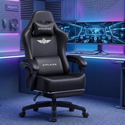 Image of GTPLAYER Big and Tall Gaming Chair 400lbs Heavy Duty Office Chair with Footrest, High Back Pocket Spring Ergonomic Computer Chair for Adults, Wide Seated Cushion with Linkage Armrests, Leather Black