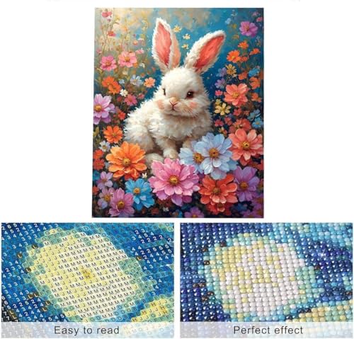 Kit complet de broderie diamant 5D lapin et fleurs 50x70cm