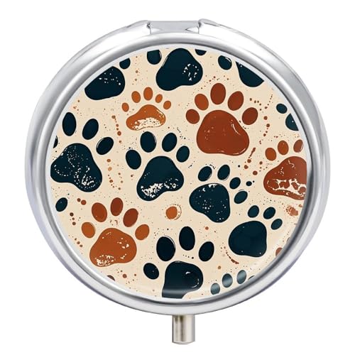 Portable Pill Organizer Small Pill Box Dog Paw 3 Compartment Medicine Vitamin Organizer Travel Medicine Organizer with Mirror & Button Closure Cute Medication Case for Purse