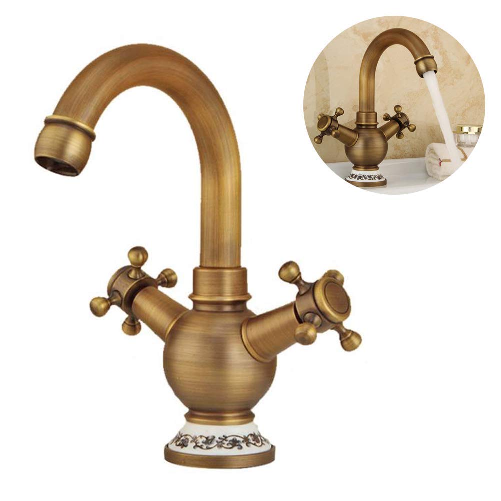 ZBBDFAZD Classic Brass Kitchen Taps Dual Lever Kitchen Mixer Tap Ceramic Handle Mixer Tap for Kitchen Sink with 2 Handle Cold And Hot Mixer Tap Swivel Spout Brass Basin Faucet (Antique)