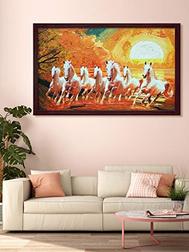 Image of 999STORE Printed Seven White Running Horses Painting Wall Art with Brown Frame (Canvas 18X30 Inches Multi) BRFLP18300071