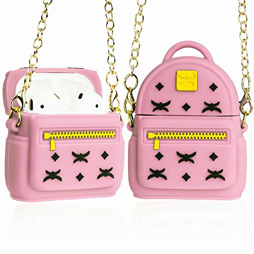 APOSU Cute Airpods Case, Silicone 3D Backpack Airpods Cover with Keychain&Metal Strap Designed for Apple AirPods 1 & 2 (Pink)
