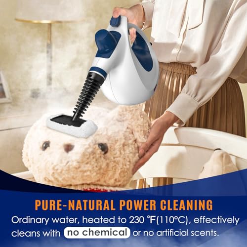 Image of Pressurized Handheld Multi-Surface Natural Steam Cleaner with 12 pcs Accessories, Multi-Purpose Steamer for Home Use, Steamer for Cleaning Floor, Upholstery, Grout and Car (White&Blue)