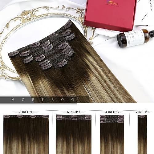 Moresoo Clip in Hair Extensions Real Human Hair Balayage Brown to Light Brown with Medium Blonde 18 Inch 7pcs/120G #3/8/22 - Image 3