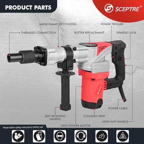 Image of SCEPTRE 1250W Demolition Hammer Concrete Breaker Machine | 7 KG Heavy-Duty Electric Jack Hammer with Flat & Pointed Chisels, Carry Case | 2000 BPM for Trenching & Chipping