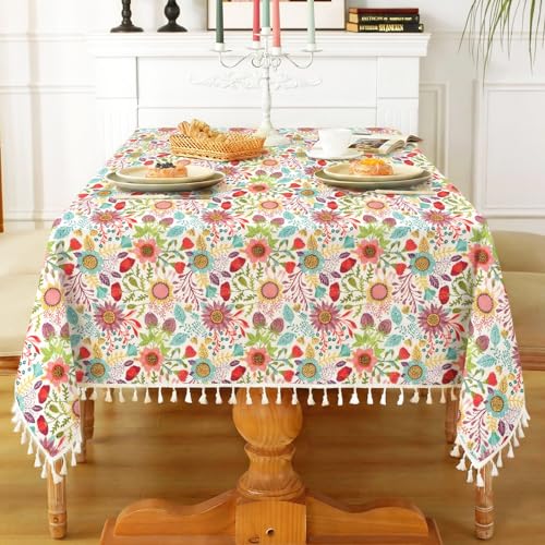 Image of ishro home Premium Dining Table Cover 6 Seater | Table Cover Cloth | Table Cloth 6 Seater - Soft European Fabric, Frill Design, Machine Washable | (Sun Garden, 56x90 Inch (6-8 Seater))