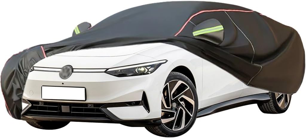 WOLWES Car Cover are Suitable for Volkswagen ID.7 All-Weather Windproof, Snowproof, Rainproof, UV-Protected and Breathable All-Season Universal with Side Door Zip Oxford Cloth Car Cover (Color : Blac