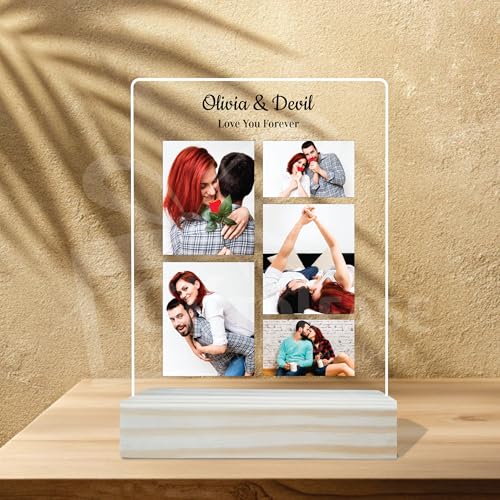 Image of Giftplease Customized Photo And Text Frame With Wooden Stand | Personalised Printed Photo Frame | Gift | Birthday | Anniversary (Transparent, 5MM, 6 * 8 Inches), Tabletop