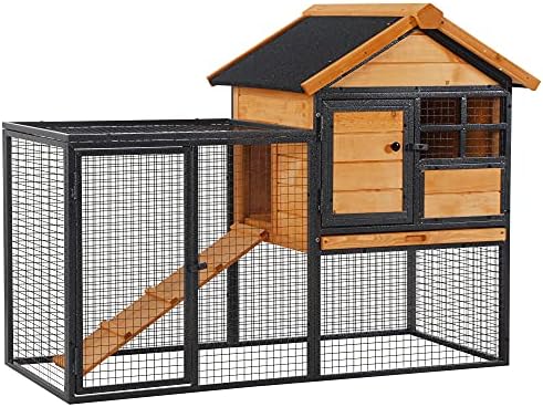 PawHut Conejera de Exterior Jaula para Mascotas Pequeñas 2 Niveles con Rampa Bandeja Extraíble de Madera y Metal 122x63x92 cm para Conejos Cobayas Madera y Gris
