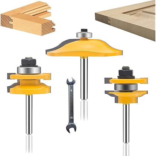 OLETBE Router Bit Set 3 PCS 1/4-Inch Shank Round Over Raised Panel Cabinet Door Rail and Stile Router Bits, Woodworking Wood Cutter, Wood Carbide Groove Tongue Milling Tool(PN-2)